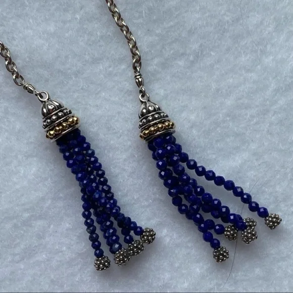 LAGOS Sterling Silver 18k Yellow Gold Caviar Icon Lapis Tassel Lariat Necklace